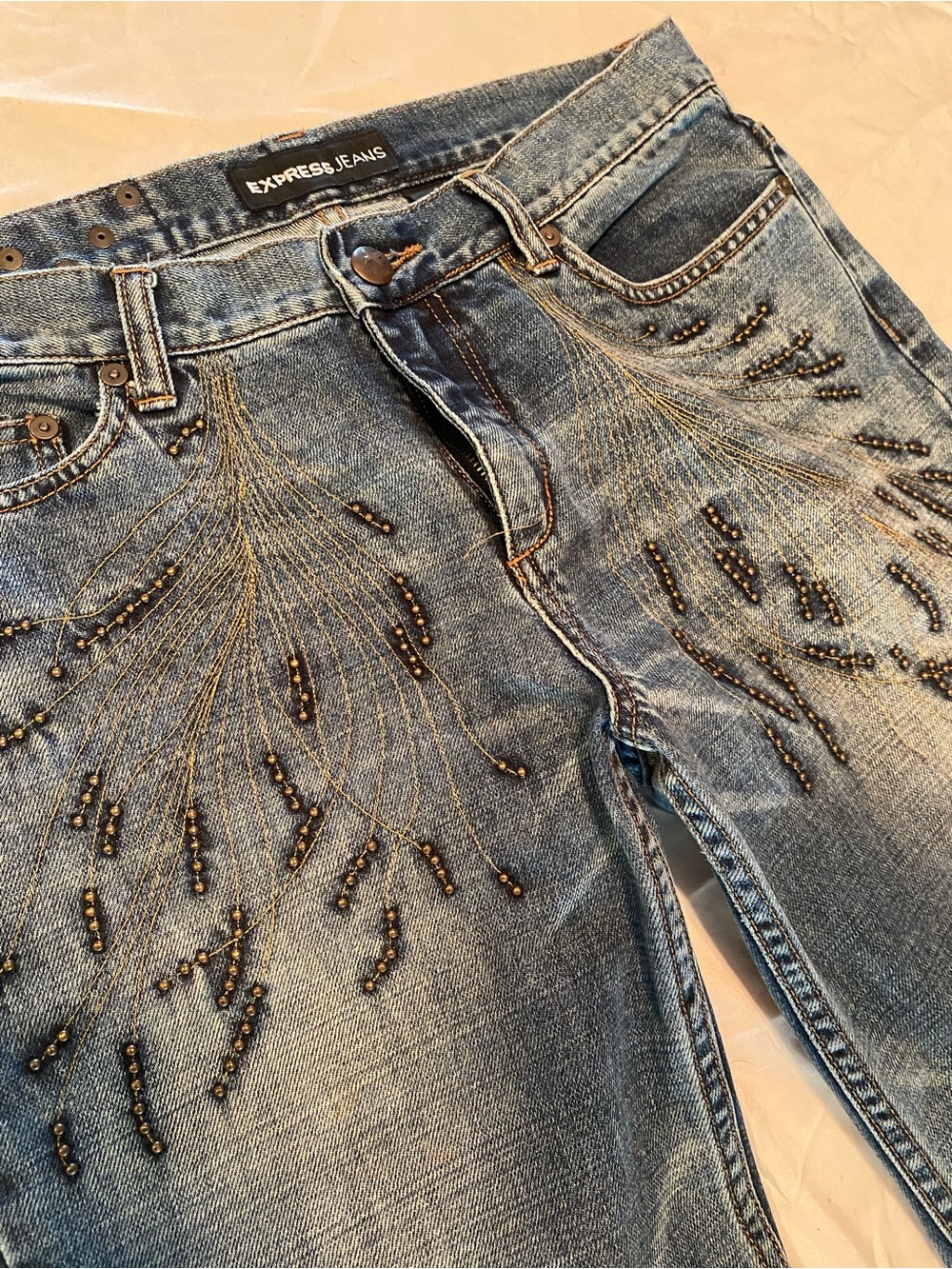 VTG Express Jeans 100% Cotton Studded Sunburst Low Rise Flare Leg 7/8 Y2K - Picture 2 of 15